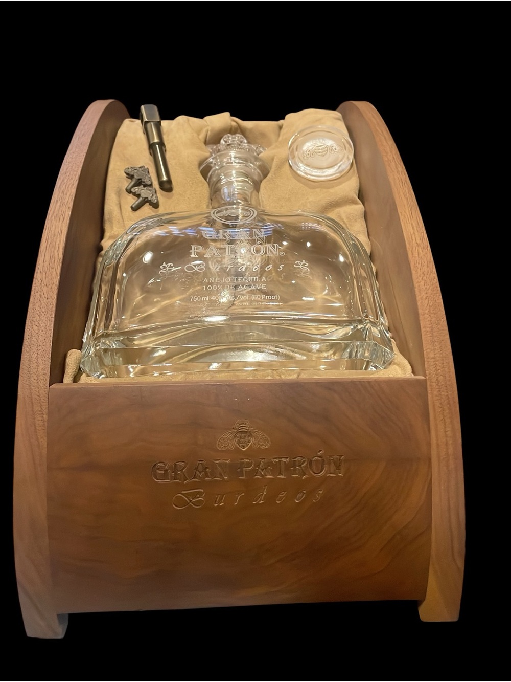 EMPTY Gran Patron Burdeos Tequila Wooden Box & Bottle, Stoppers Display Only